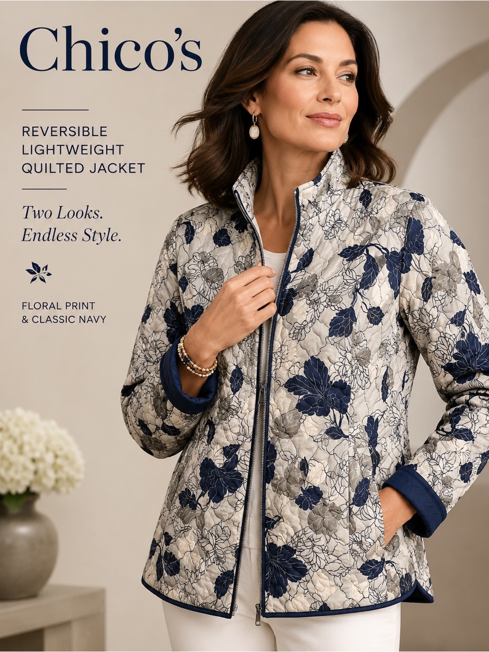 NWOT Chico’s Floral Print Navy Gray Light Puffer Reversible Jacket Sz 3 (XL/16)